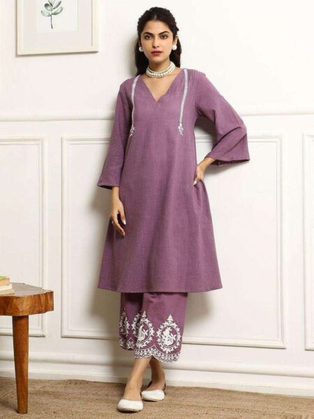 Women's Cotton Embroidered Straight Kurta & Pant With Dupatta Set (Purple)