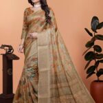 Golden Beige Soft Silk Saree with Autumn Leaf Print & Traditional Pallu