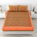 Jaipuri Stylish Floral Printed Double Bed Bedsheet With Two Pillow Cover (Orange)