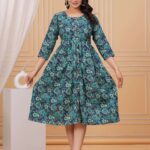Teal Blue Floral Printed A-Line Midi Dress with Wooden Buttons & 3/4 Sleeves ? Casual & Party Wear