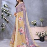 Golden and Lavender Floral Printed Saree with Shimmer