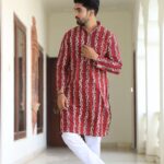 Mens Red Floral Printed Cotton Kurta with White Pajama ? Traditional Ethnic Wear for Festive & Wedding