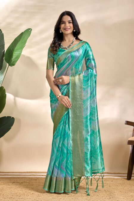 Sea Green Soft Silk Blend Saree with Subtle Wave Print & Zari Border