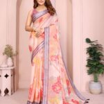 Peach Linen Cotton Saree with Vibrant Floral Prints & Striped Tassel Border