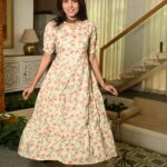 Cream Floral Printed Cotton Anarkali Maxi Dress with Puff Sleeves Elegant Casual Wear