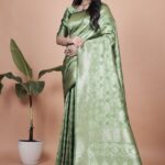 Light Green Banarasi Silk Saree with Golden Zari | Wedding, Festive & Traditional Wear | Elegant Designer Saree