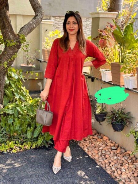 Women's Cotton Plain Coard set A-Line Straight Kurti With Pant