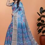 Sky Blue Floral Printed Soft Silk Saree with Zari Border