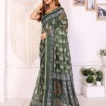 Elegant Deep Olive Green Chanderi Saree with Pastel Digital Floral Print ? Festive & Stylish