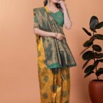 Golden Glow Banarasi Silk Saree with Peacock Zari Motifs & Deep Green Pallu | Wedding, Festive, Traditional Ethnic Wear