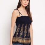 Women's Rayon Buta Printed Casual Summer Style Tie Shoulder Straps Free Size Tank Top ( Navy Blue Gold Pattern)