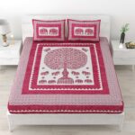 Jaipuri Printed 100% Pure Cotton Double Bedsheet With Two Pillow Cover (Pink)