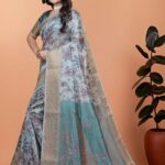 Pastel Blue & Teal Soft Silk Saree with Floral Weaving