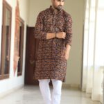 Mens Brown & Black Printed Cotton Kurta with White Pajama ? Traditional Ethnic Wear for Festive & Wedding