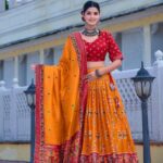 Orange Tussar Silk Lehenga Choli with Red Blouse | Bandhani Peacock & Foil Print | Wedding & Festive Wear