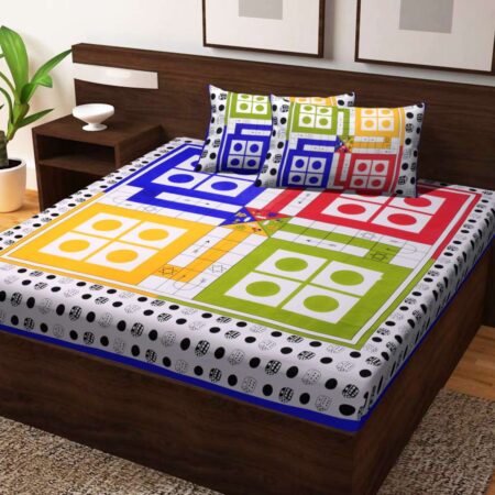 Jaipuri Stylish Ludo Printed Double Bed Bedsheet With Two Pillow Cover (Multi-Color)