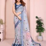 Elegant Steel Blue Linen Cotton Saree with Pastel Floral Prints & Tassel Border