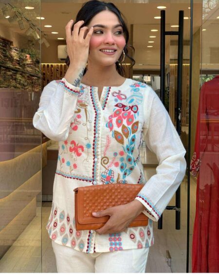 Women's Cotton Embroidery Straight Kurti With Pant Set