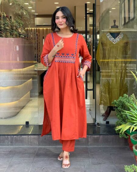 Women's Rayon Embroidered A-Line Kurti With Pant Set