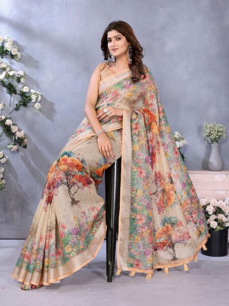 Elegant Multicolor Floral Printed Linen Saree