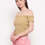 Women's Rayon Solid Off-Shoulder Smocked Crop Top Short Sleeve Casual Styles Tank Top (FREE SIZE) Multi19