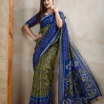 Olive Green & Blue Ikat Printed Chanderi Saree ? Elegant Festive & Cultural Wear