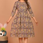 Purple & Yellow Floral Printed A-Line Midi Dress with 3/4 Sleeves ? Elegant Casual & Festive Wear