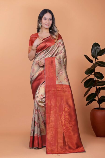 Golden Ember Banarasi Silk Saree in Beige-Gold & Rust Red with Floral Zari Work | Wedding, Festive & Traditional Ethnic Wear