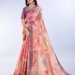 Elegant Teal Green and Mauve Pink Linen Saree with Geometric and Floral Prints