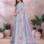 Serene Sky Blue Floral Printed Linen Shimmer Saree with Tassel Accents