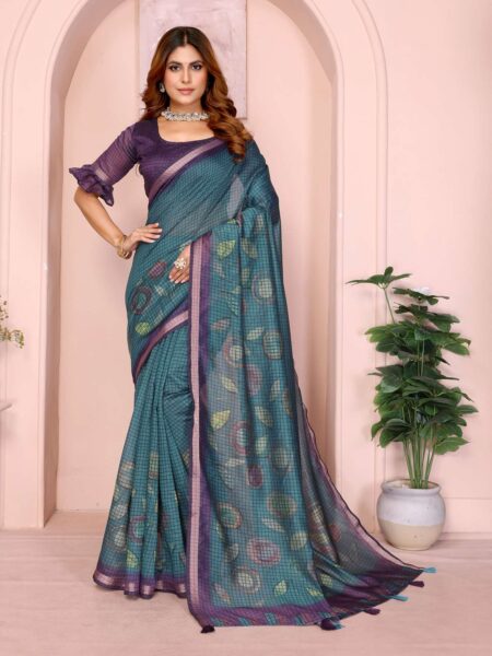 Teal Blue & Purple Black Chanderi Saree ? Checkered Digital Print with Leaf Motifs & Tassel Pallu