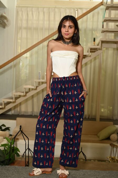 Navy Blue Cotton Pants with Red & White Abstract Print ? Elastic Waist and Pockets"