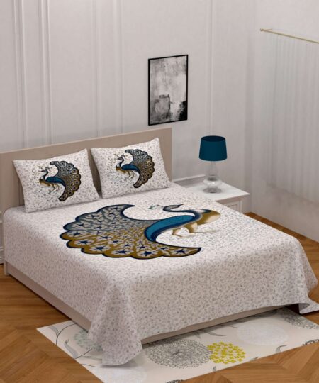 Jaipuri stylish printed cotton double bedAnd Two Pillow Covers Featuring a Peacock Design. 