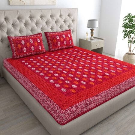 Jaipuri Floral Printed 100% Pure Cotton Double Bedsheet With Two Pillow Cover (Red )