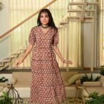 Red Cotton Anarkali Maxi Dress with Swirl Print & V-Neck Stylish Casual Wear