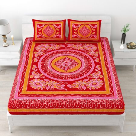 Jaipuri Stylish Rangoli Printed Double Bed Bedsheet With Two Pillow Cover (Red)