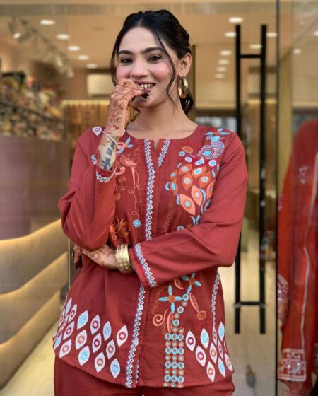 Women's Cotton Embroidery Straight Kurti With Pant Set