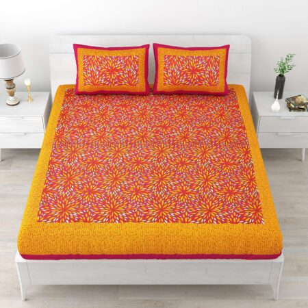 Jaipuri Stylish Floral Printed Double Bed Bedsheet With Two Pillow Cover (Yellow)