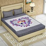 Jaipuri Stylish Little Couple Printed Double Bed Bedsheet With Two Pillow Cover (Grey And Black)