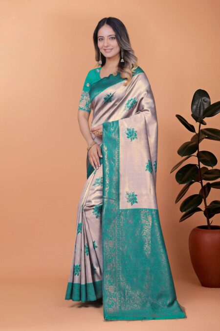 Ivory Glow Banarasi Silk Saree with Emerald Green Zari Work & Blouse | Wedding, Puja, Festive & Traditional Wear