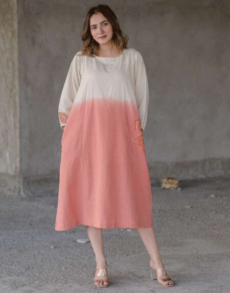 Women's Cotton Tie-Dye Print Loose Short Sleeveless Tunic Dress ( Peach White )