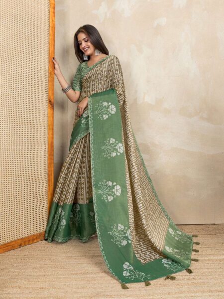 Elegant Teal Green and Mauve Pink Linen Saree with Geometric and Floral Prints