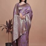 Lavender Banarasi Silk Saree with Gold Zari Butti | Majestic Pallu & Ornate Border | Wedding, Festival & Traditional Wear
