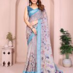 Elegant Linen Cotton Saree – Light Grey Floral Print with Sky Blue Border