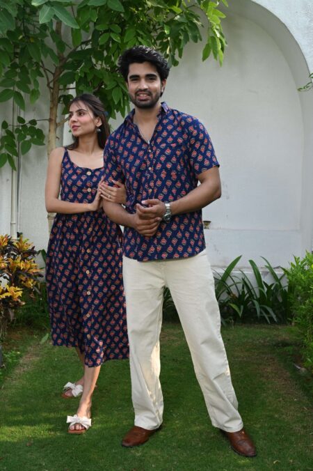 Couple Matching Outfit ? Navy Blue Cotton Printed Midi Dress & Shirt Set, Summer Casual Wear
