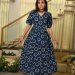 Blue Printed Cotton Anarkali Maxi Dress with Puff Sleeves Elegant Casual Wear