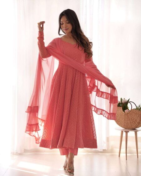 Womens Pure Romansilk Chanderi Embroidered Anarkali Kurti With Dupatta & Pant Set