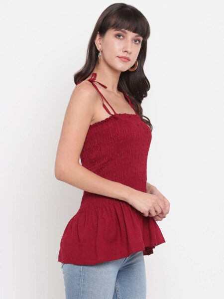 Women's Rayon Solid Casual Summer Style Tie Shoulder Straps Free Size Tank Top (Maroon)