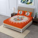 Orange-Colored 100% Cotton Jaipuri Traditional Double Bedsheet With Two Pillow Covers. 