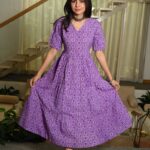 Purple Printed Cotton Anarkali Maxi Dress with Puff Sleeves Elegant Casual Wear